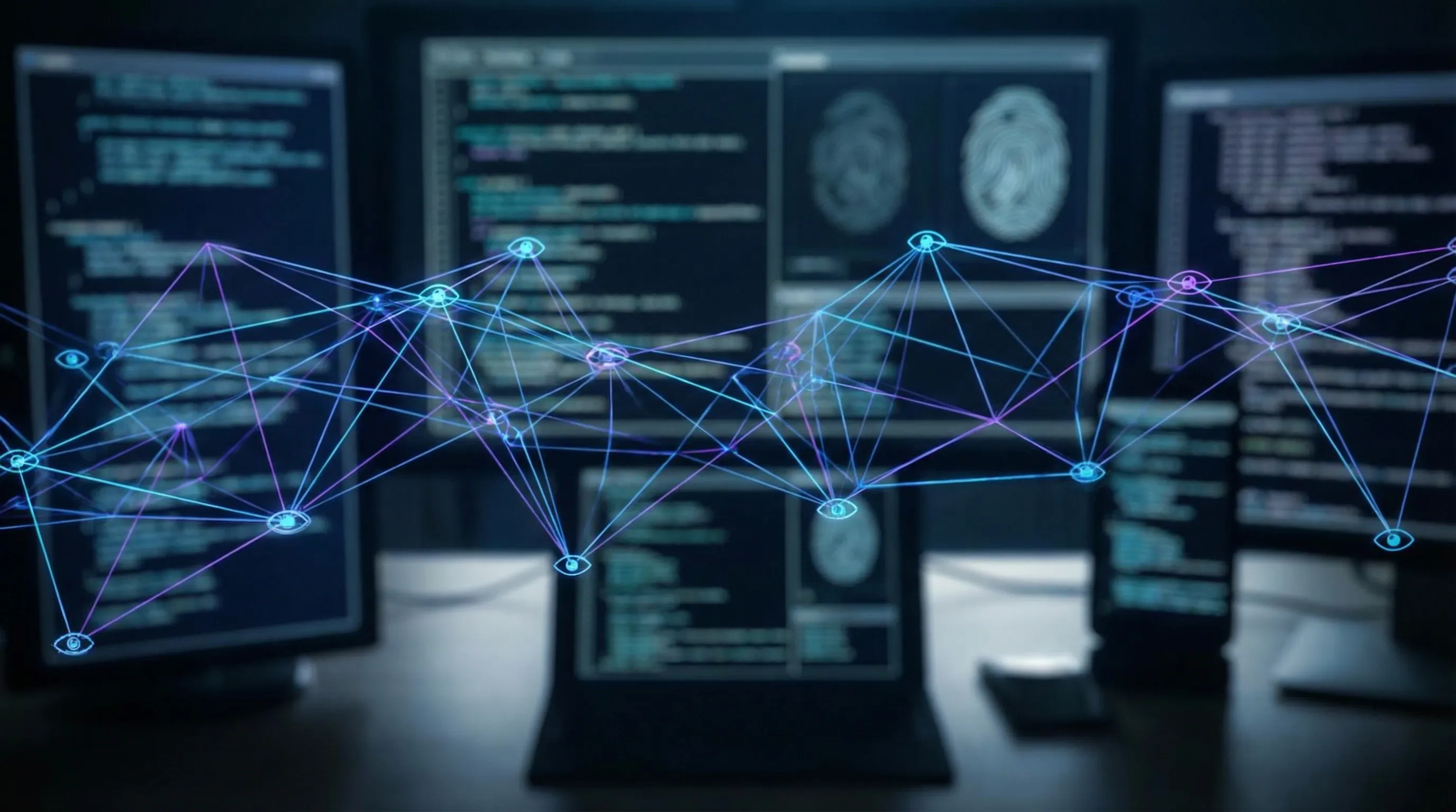 Abstract visualization of interconnected data nodes and tracking points over computer screens filled with code, representing hidden online surveillance, behavioral profiling, and web tracking systems operating without user consent.